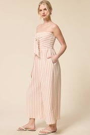 Striped Coastal Tie-Front Strapless Jumpsuit