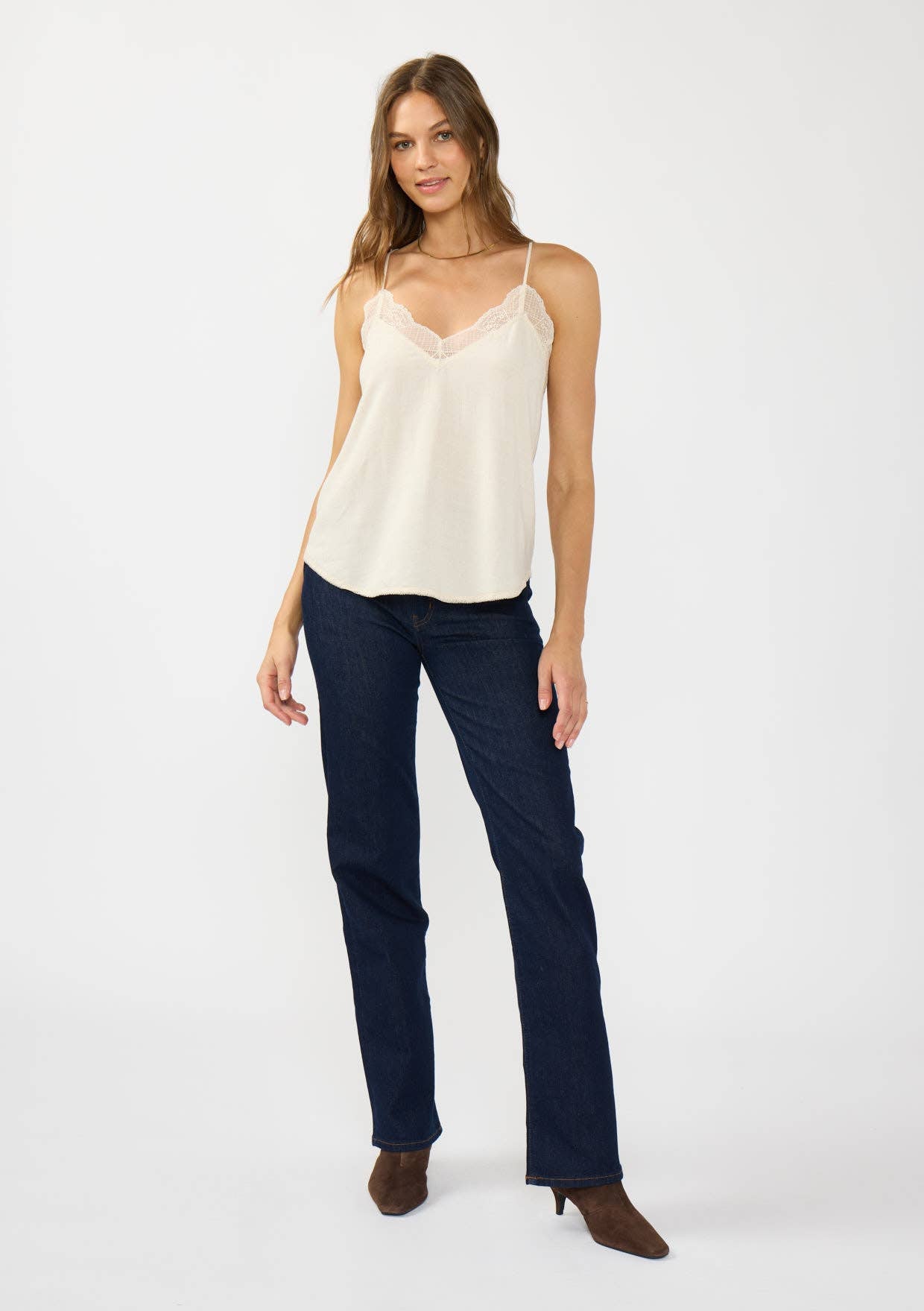 Linen Blend Spaghetti Strap Lace Trim Cami