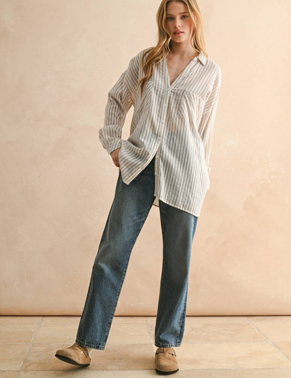 Classic Striped Cotton Button-Down Top