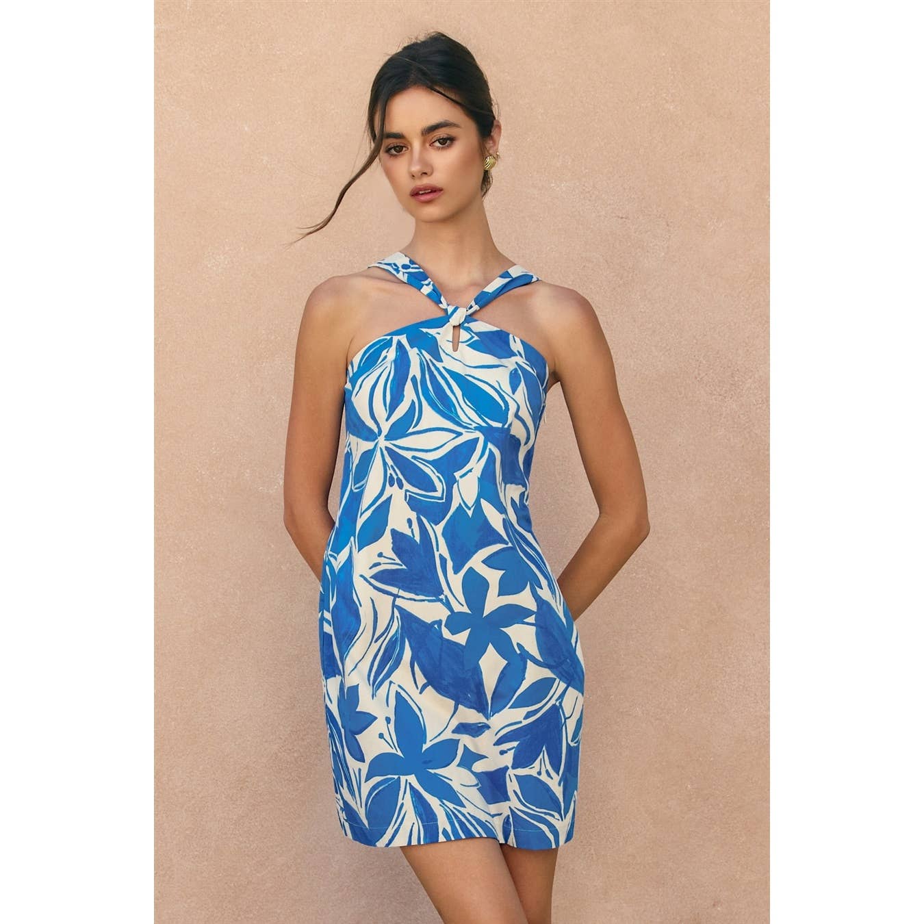 Floral Cotton Poplin Knot Halter Mini Dress