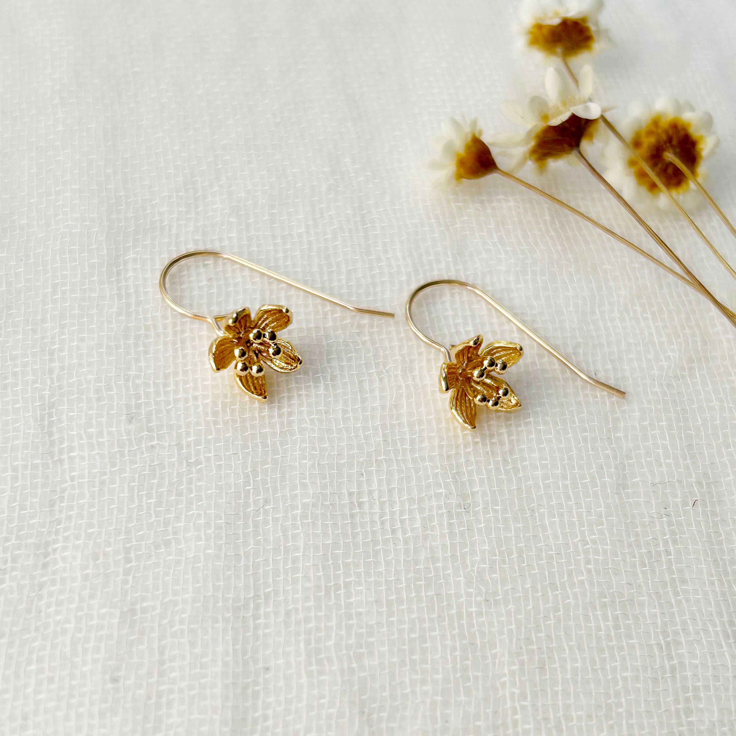 Gold Pressed Flower Dangle Earrings