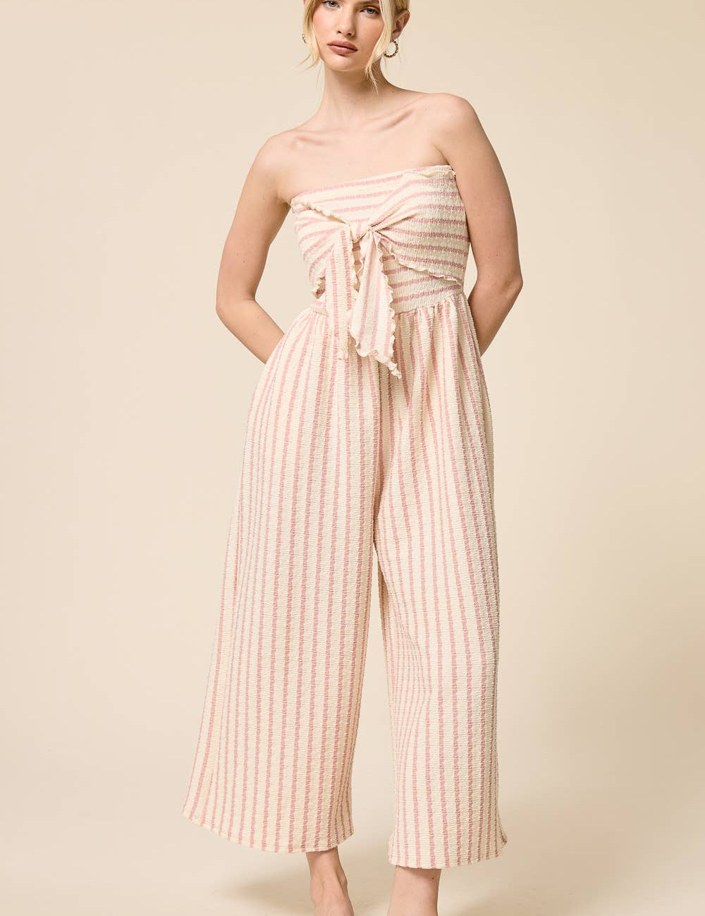 Striped Coastal Tie-Front Strapless Jumpsuit