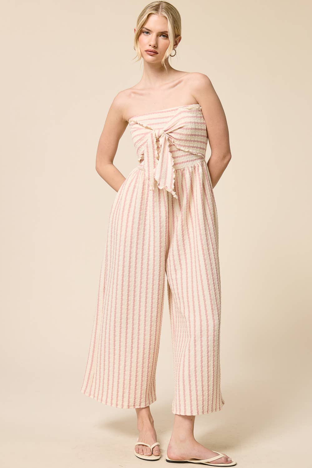 Striped Coastal Tie-Front Strapless Jumpsuit