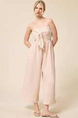 Striped Coastal Tie-Front Strapless Jumpsuit