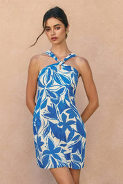 Floral Cotton Poplin Knot Halter Mini Dress