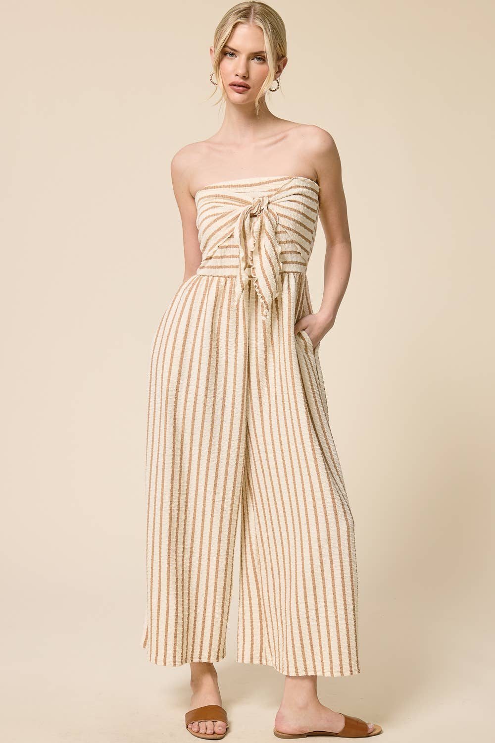 Striped Coastal Tie-Front Strapless Jumpsuit