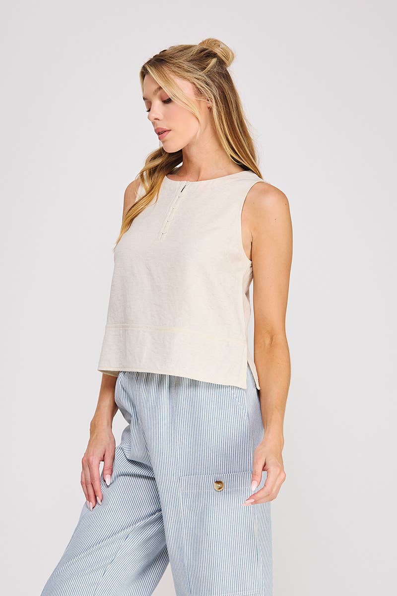 Button Collar Textured Linen Tank