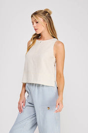 Button Collar Textured Linen Tank