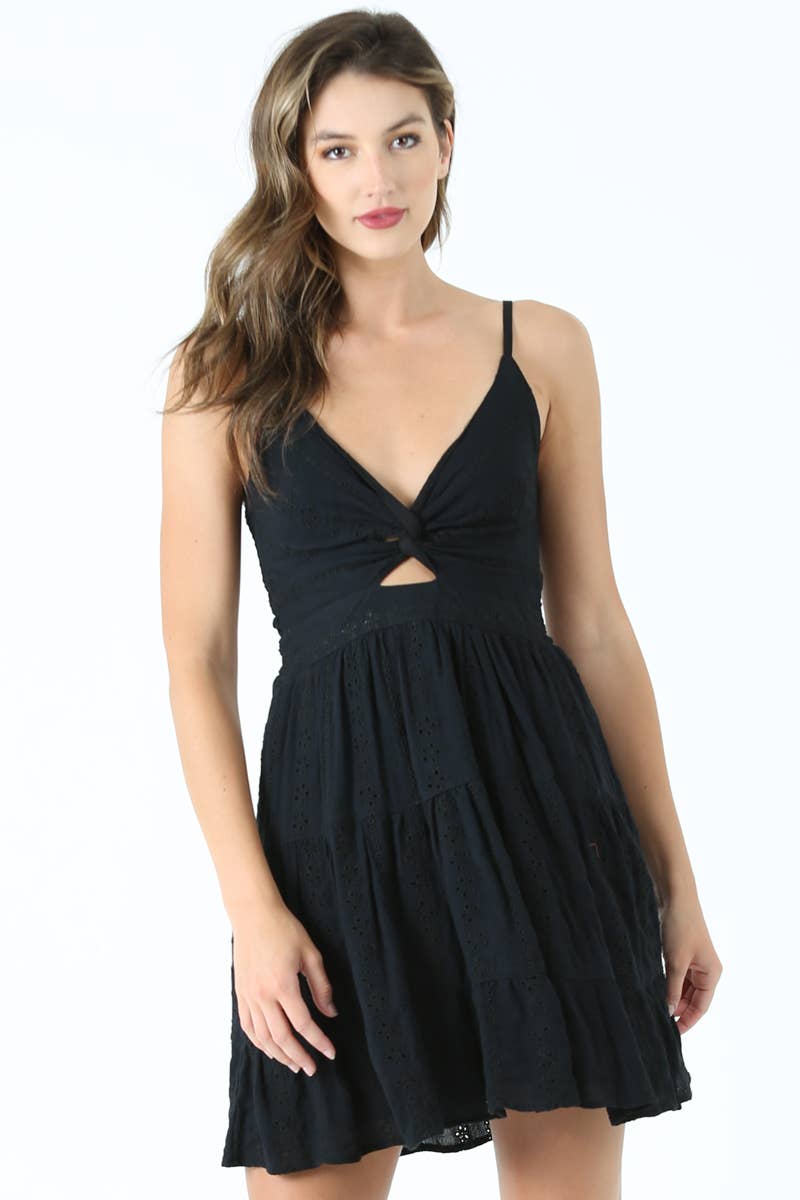 C4143-EM08 EYELET EMBROIDERED V NECK TWIST FRONT DRESS