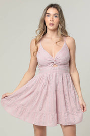 C4143-EM08 EYELET EMBROIDERED V NECK TWIST FRONT DRESS