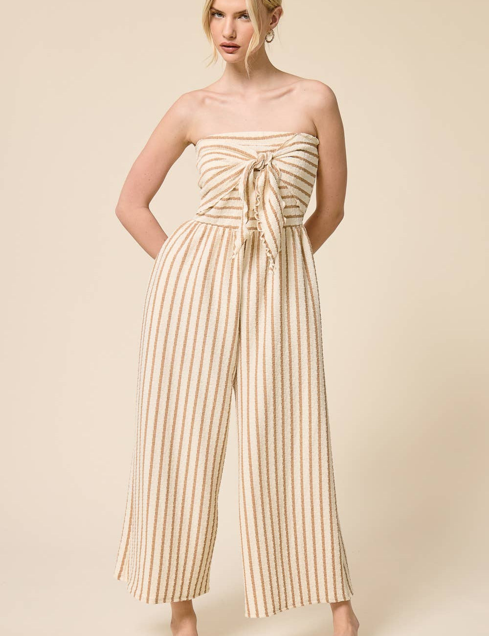 Striped Coastal Tie-Front Strapless Jumpsuit