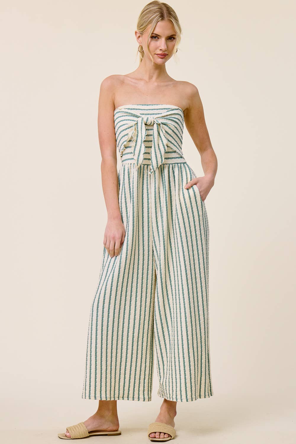 Striped Coastal Tie-Front Strapless Jumpsuit