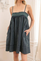 Brielle Navy Stripe Smocked Midi Dress