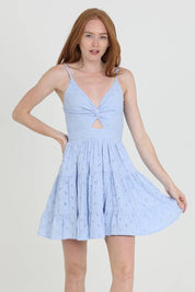 C4143-EM08 EYELET EMBROIDERED V NECK TWIST FRONT DRESS