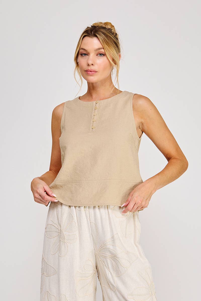 Button Collar Textured Linen Tank