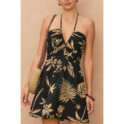 Tropical Leaf Ruched Halter Mini Dress