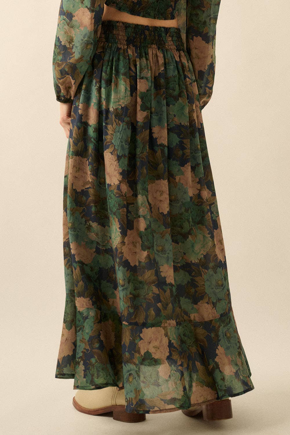 Floral-Print Drawstring Button-Front Maxi Skirt