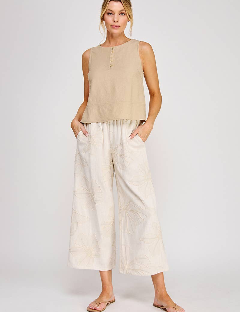 Button Collar Textured Linen Tank