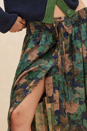 Floral-Print Drawstring Button-Front Maxi Skirt