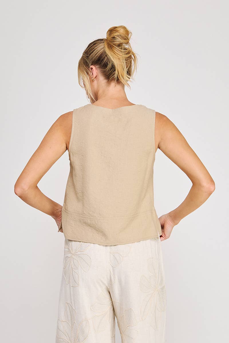 Button Collar Textured Linen Tank