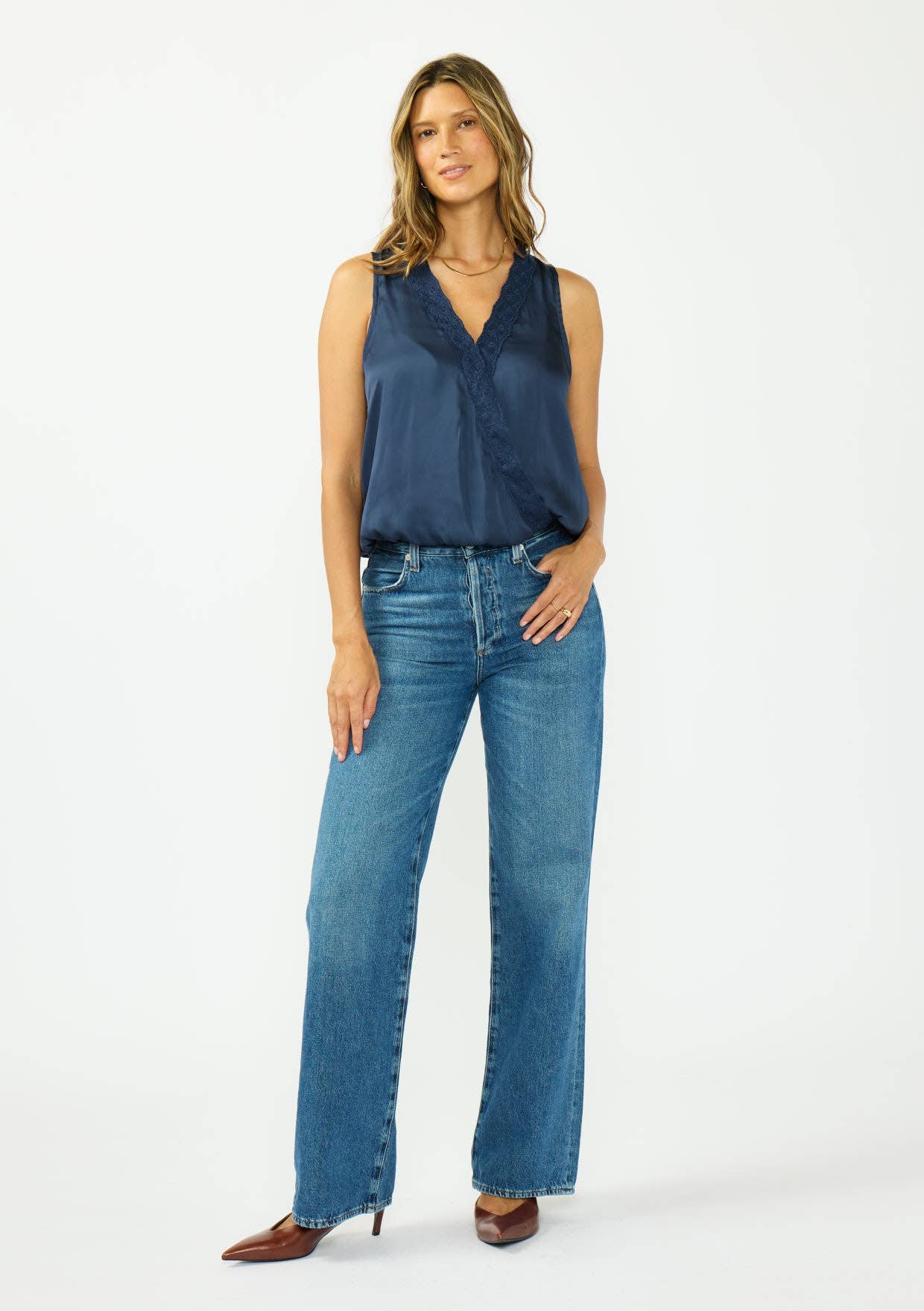 Romy Embroidered Satin Surplice Top