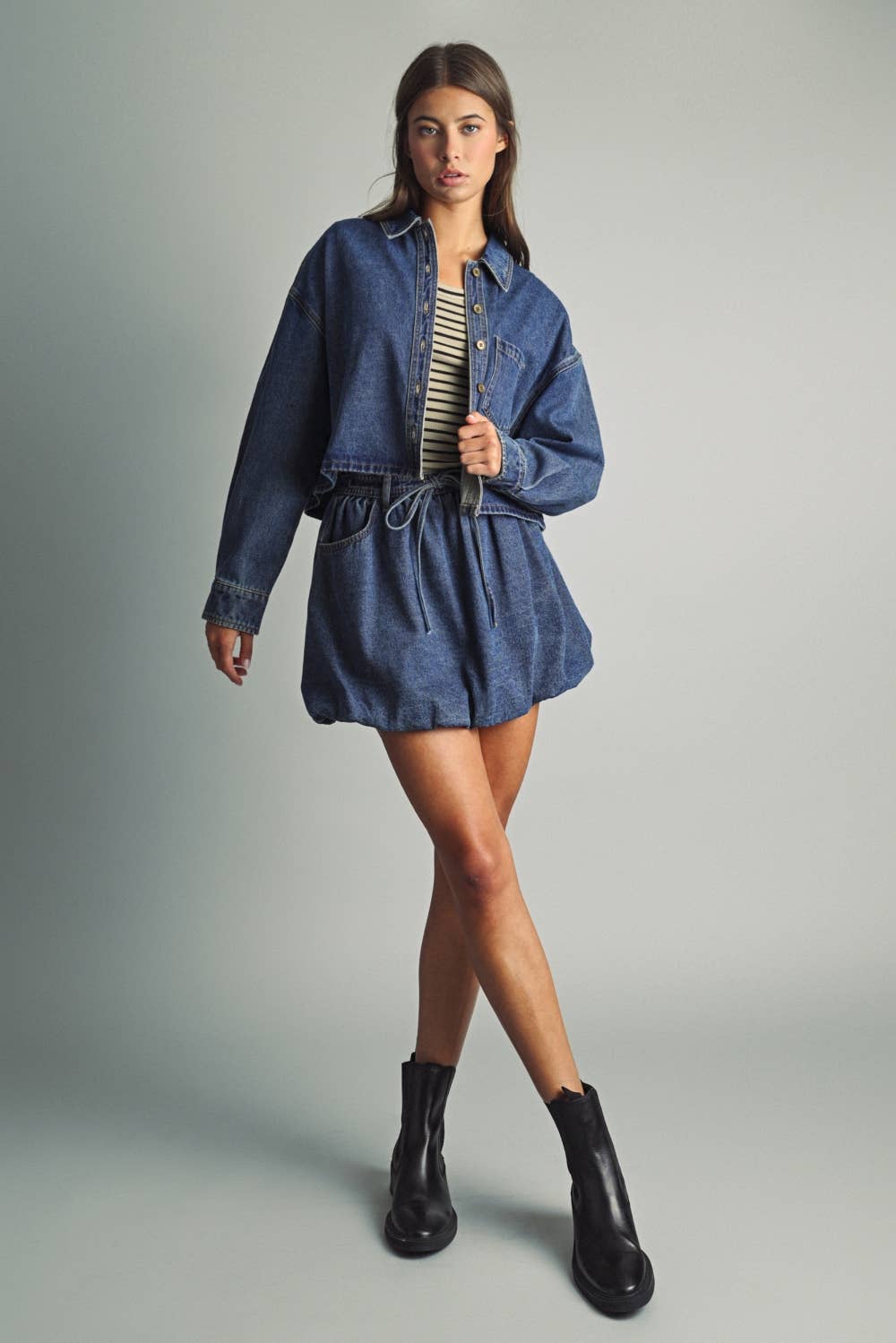 Sabine Indigo Denim Cropped Button Shirt