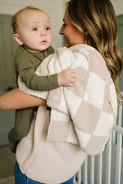 Taupe Checkered Plush Blanket
