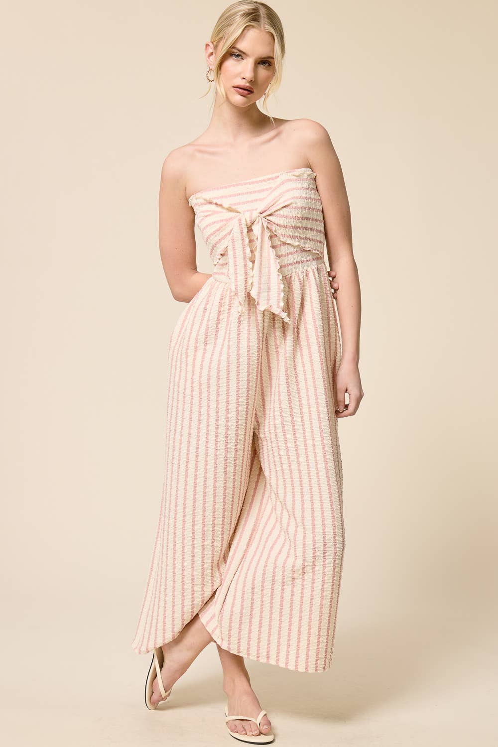 Striped Coastal Tie-Front Strapless Jumpsuit