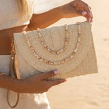 Shell Beaded Accent Paper Woven Envelope Clutch Bag