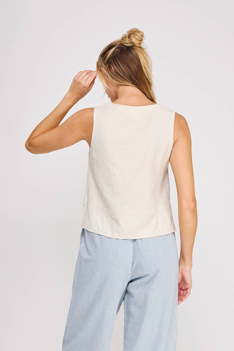 Button Collar Textured Linen Tank