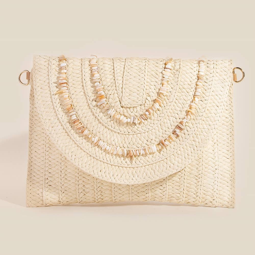 Shell Beaded Accent Paper Woven Envelope Clutch Bag
