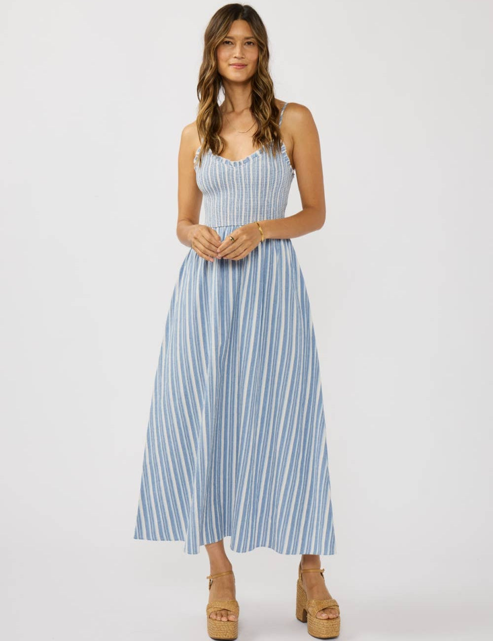 Striped Smocked Bodice Midi Dress