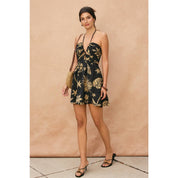 Tropical Leaf Ruched Halter Mini Dress