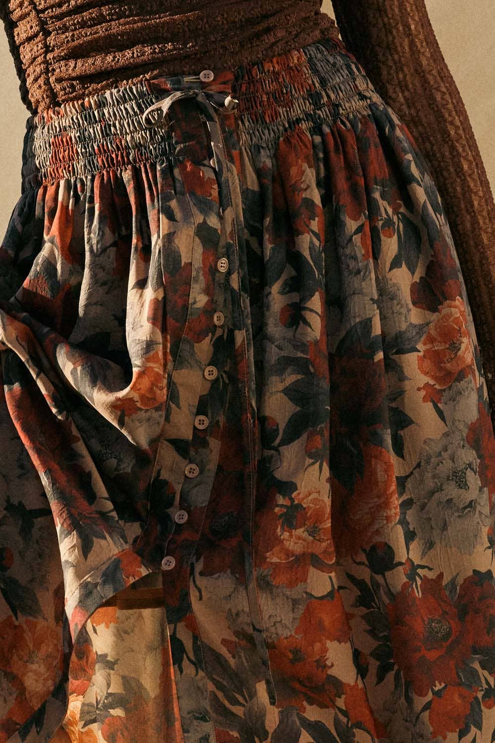 Floral-Print Drawstring Button-Front Maxi Skirt