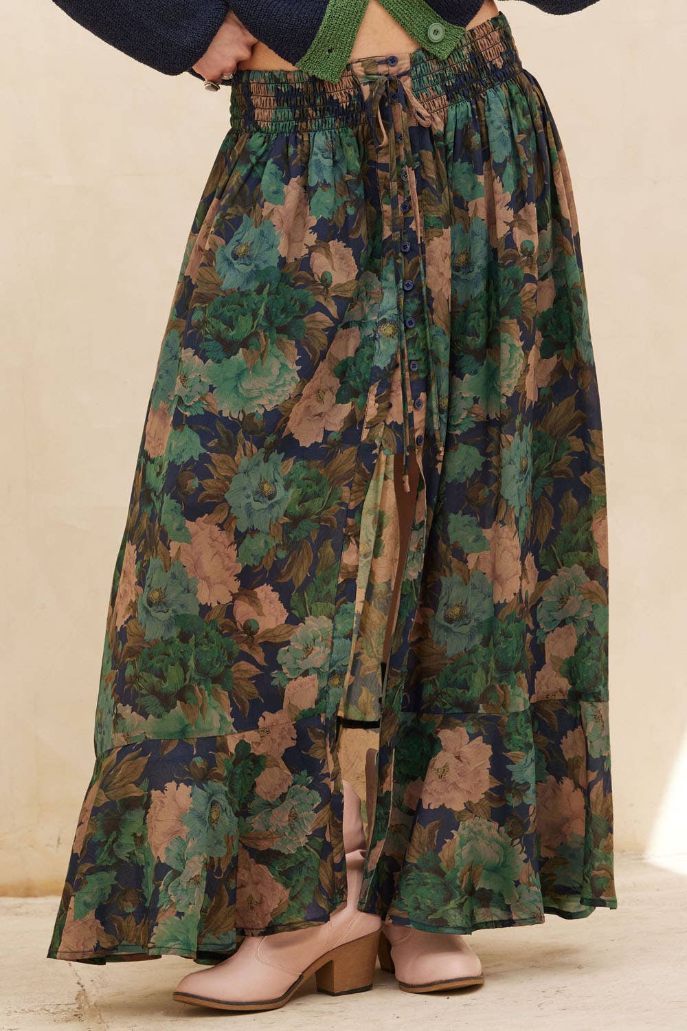 Floral-Print Drawstring Button-Front Maxi Skirt