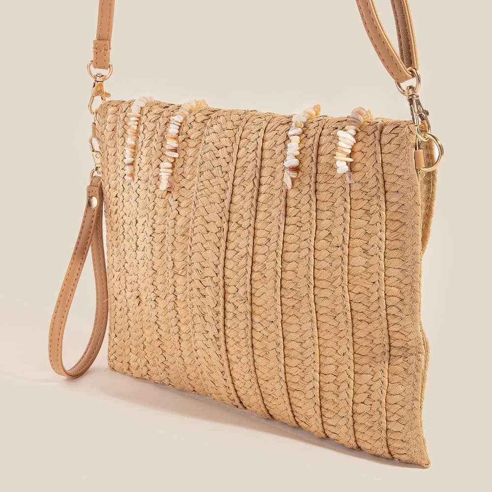 Shell Beaded Accent Paper Woven Envelope Clutch Bag