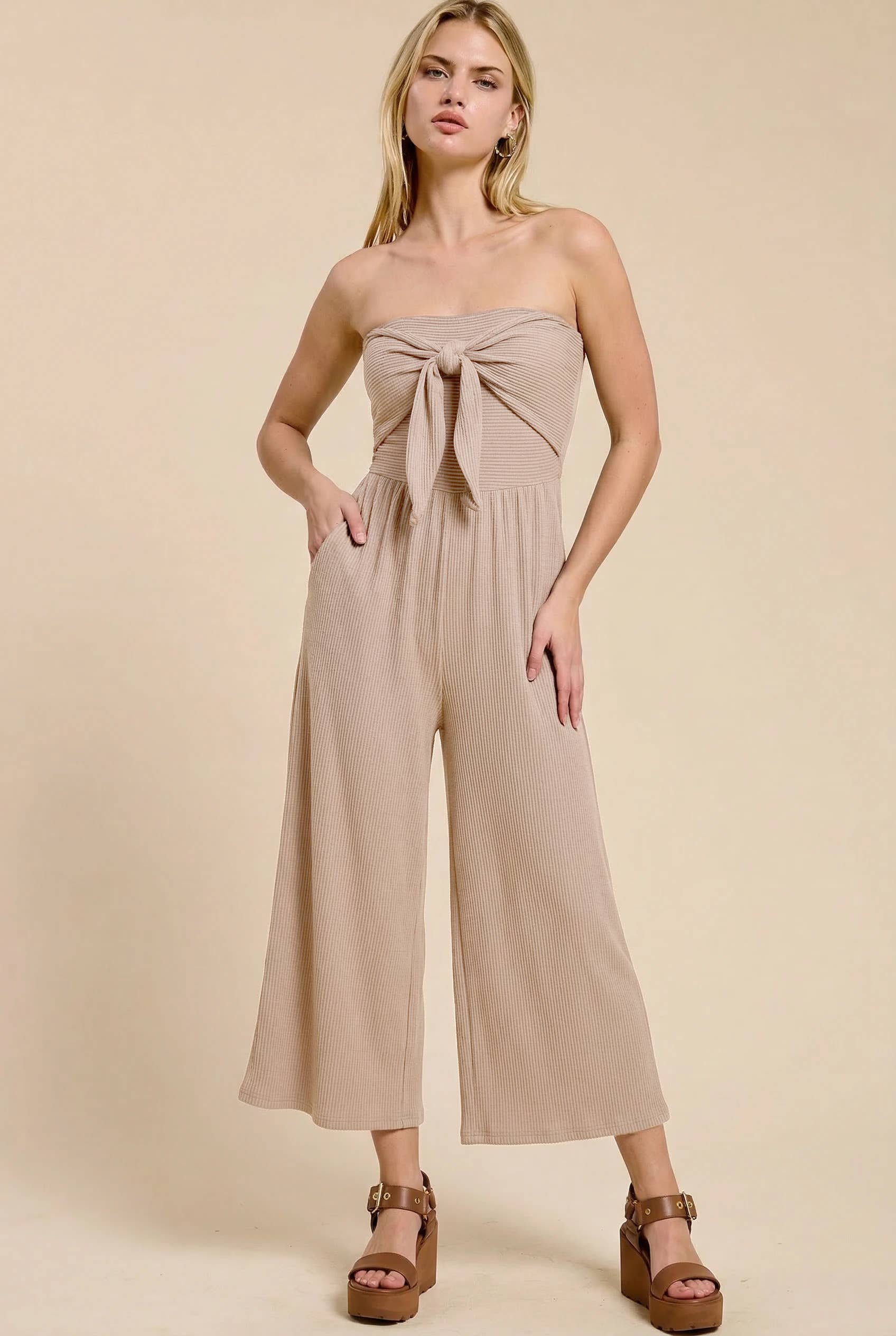 Adria Ribbed Tie-Front Palazzo Jumpsuit