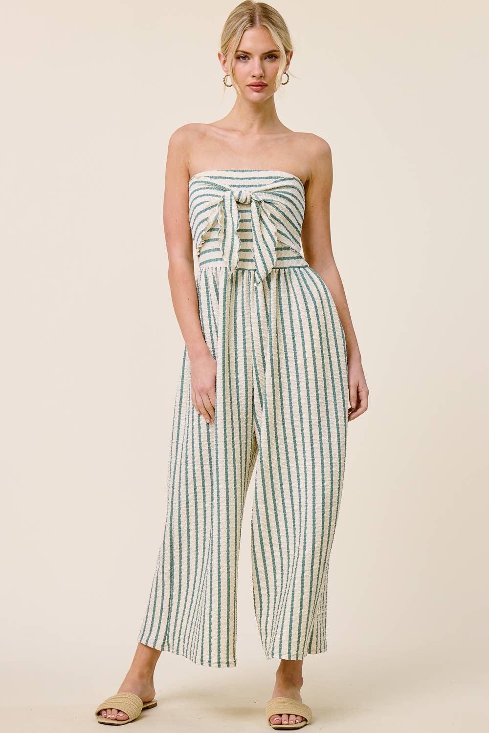 Striped Coastal Tie-Front Strapless Jumpsuit