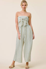 Striped Coastal Tie-Front Strapless Jumpsuit