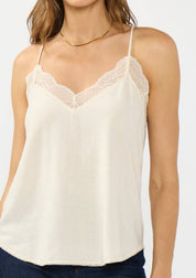 Linen Blend Spaghetti Strap Lace Trim Cami