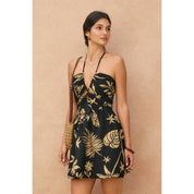Tropical Leaf Ruched Halter Mini Dress