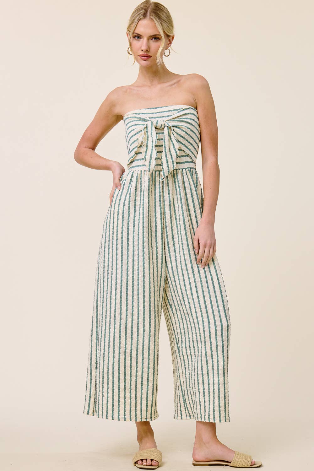 Striped Coastal Tie-Front Strapless Jumpsuit