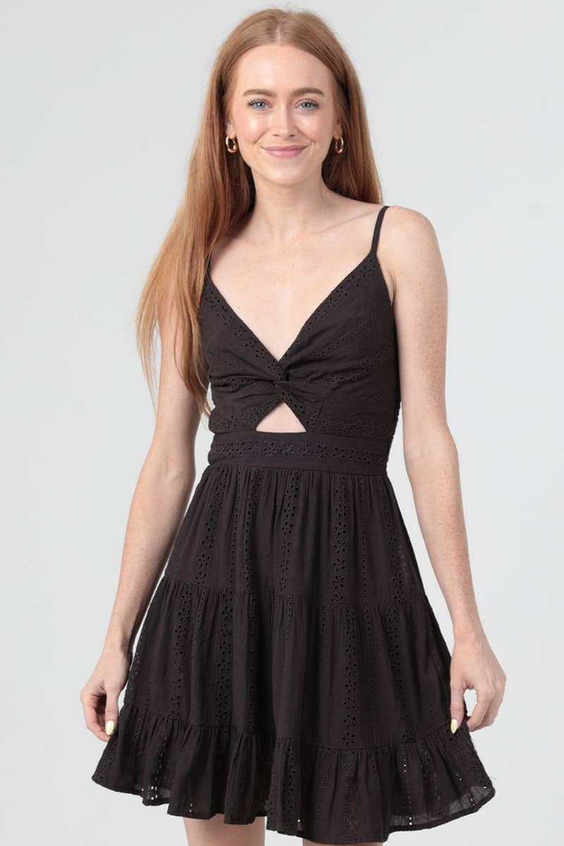 C4143-EM08 EYELET EMBROIDERED V NECK TWIST FRONT DRESS