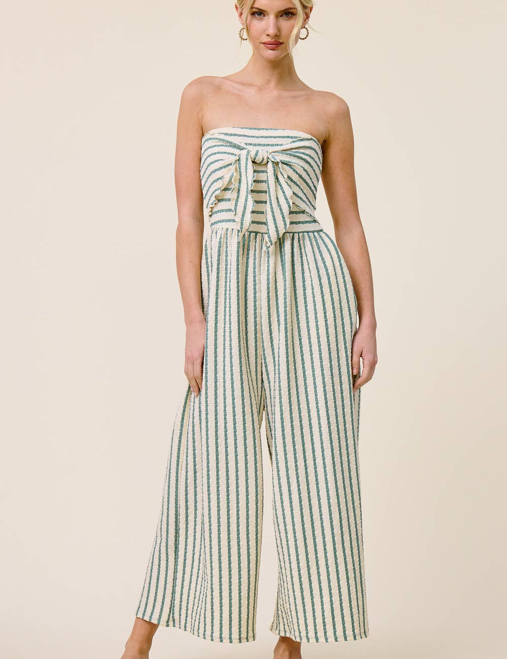 Striped Coastal Tie-Front Strapless Jumpsuit