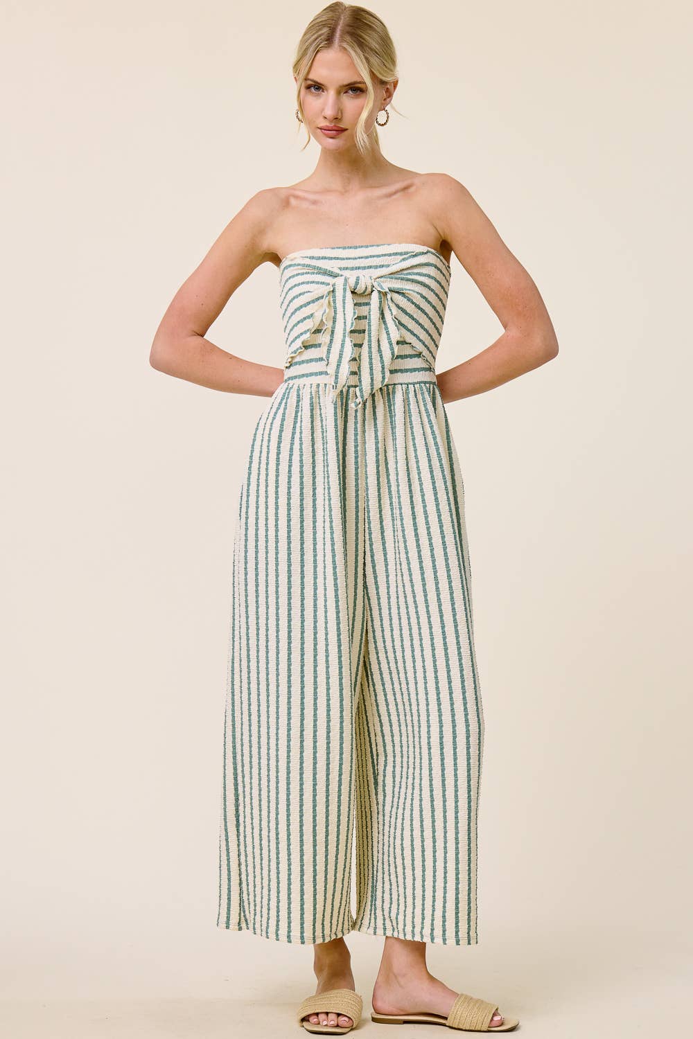 Striped Coastal Tie-Front Strapless Jumpsuit