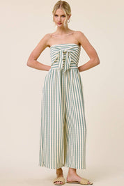 Striped Coastal Tie-Front Strapless Jumpsuit