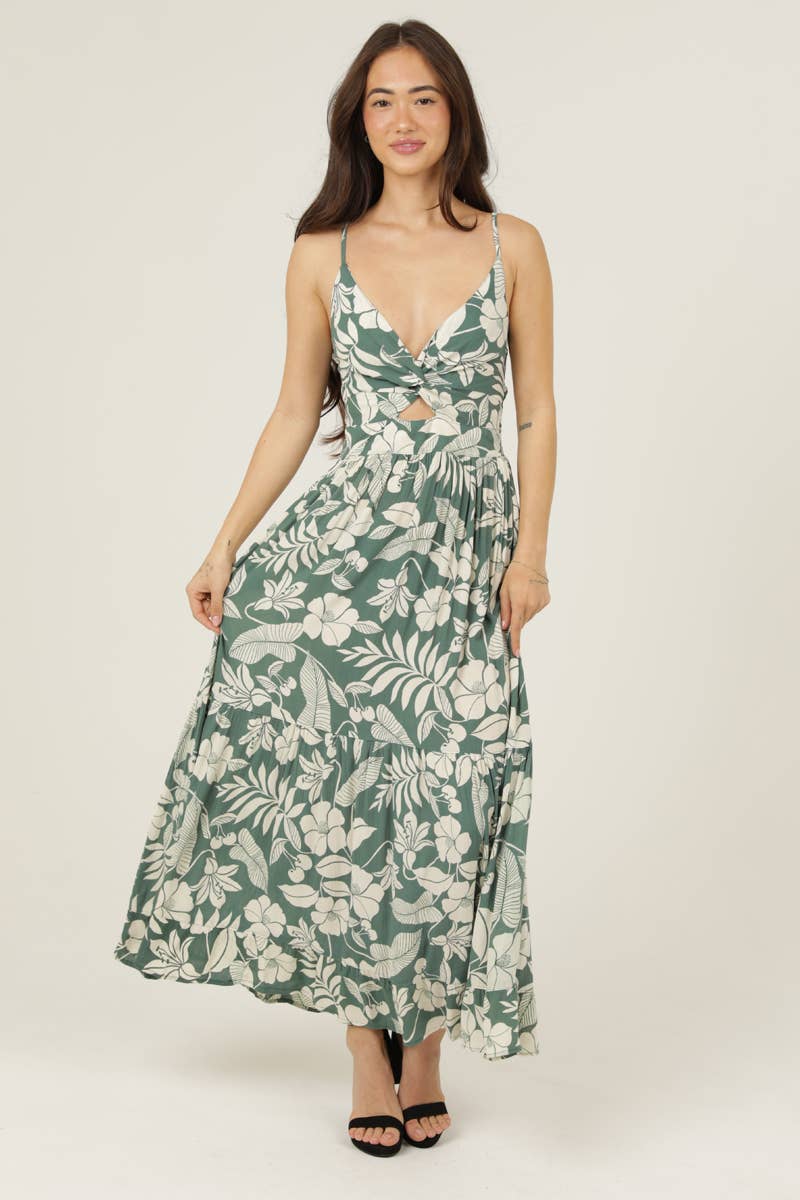 F4F50-A920 V NECK TWIST FRONT CUT OUT MAXI DRESS