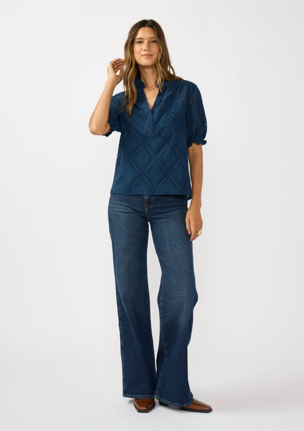 Puff Sleeve Split Neck Lace Top