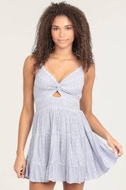 C4143-EM08 EYELET EMBROIDERED V NECK TWIST FRONT DRESS