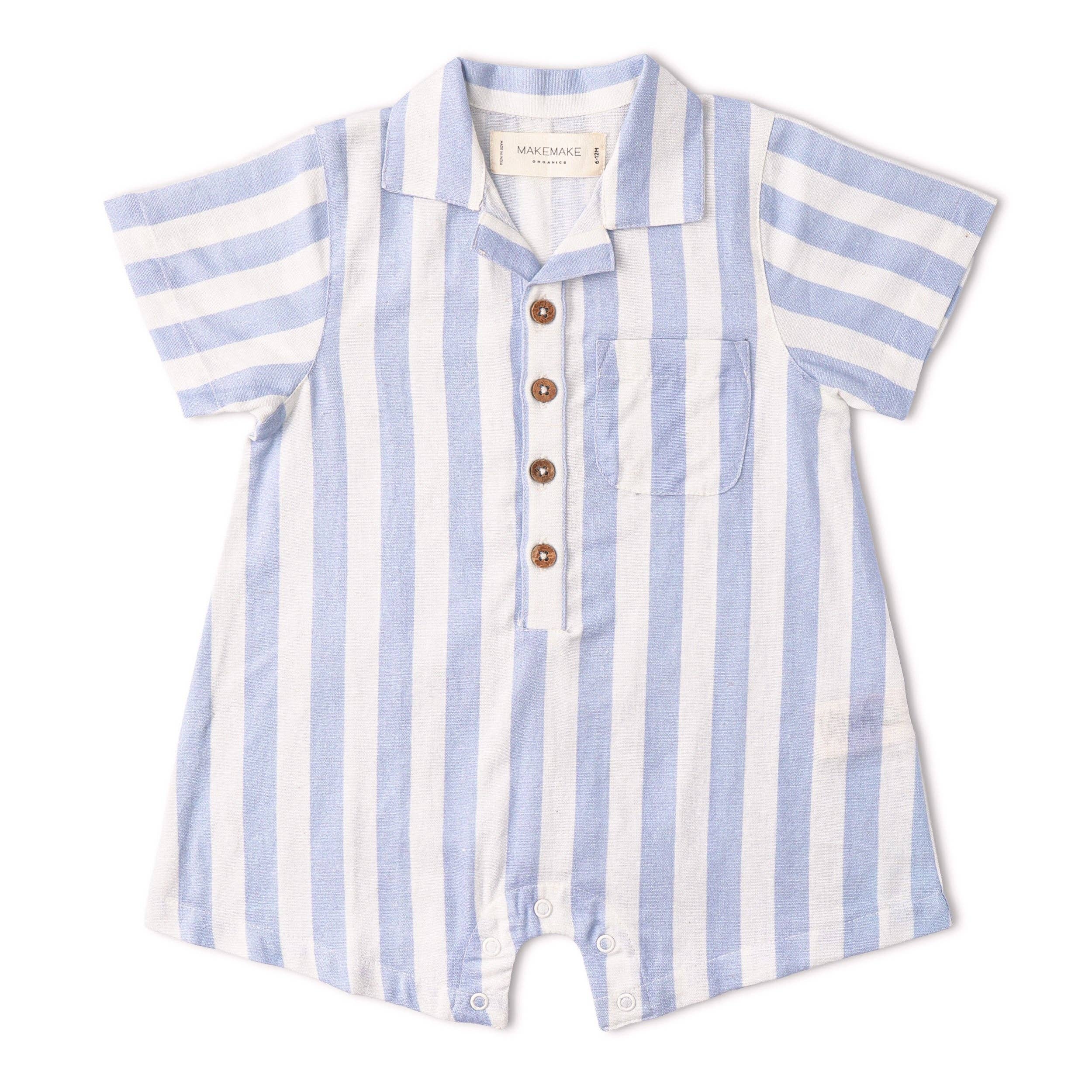 Organic Collared Romper - Blue Stripes